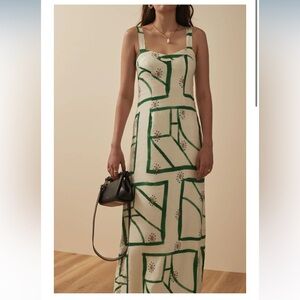 Sancia Brielle Dress Green Geometric Print Linen Blend Midi Tie Back Size Small